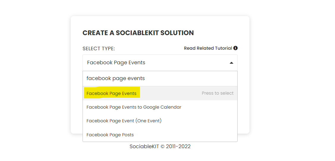 Select "Facebook Page Events" on the dropdown - How To Embed Facebook Page Events On Squarespace Website For Free?