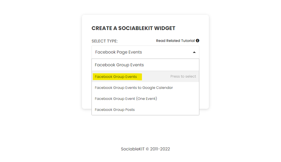 Select "Facebook Group Events" on the dropdown - How To Embed Facebook Group Events On Shopify Website For Free?