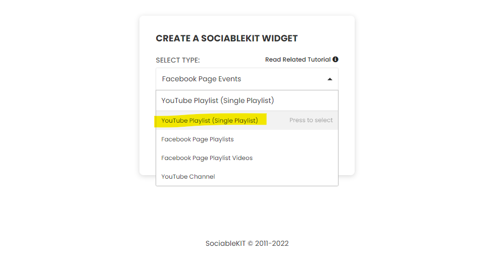 Select "YouTube Playlist (Single Playlist)" on the dropdown - How To Embed YouTube Playlist (Single Playlist) On Squarespace Website For Free?