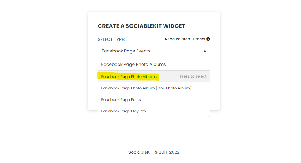 Select "Facebook Page Photo Albums" on the dropdown - Free Facebook Page Photo Albums Widget For Shopify Website