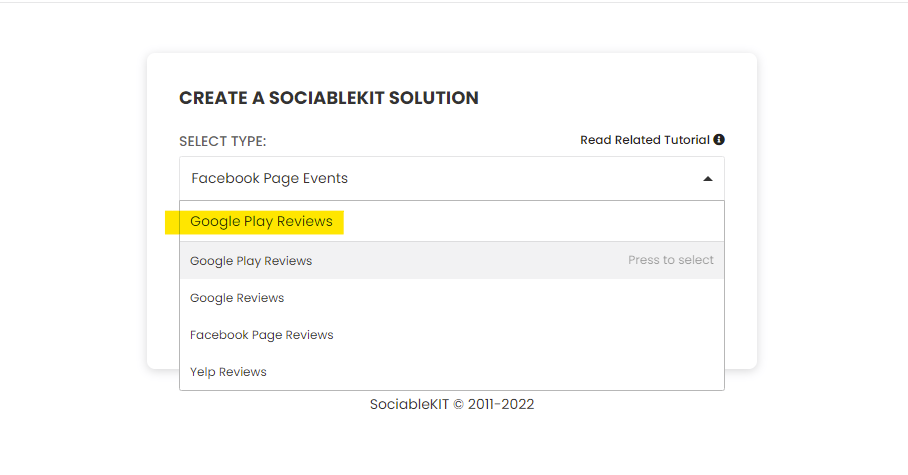 Select "Google Play Reviews" on the dropdown - Free Google Play Reviews Widget For WordPress Website
