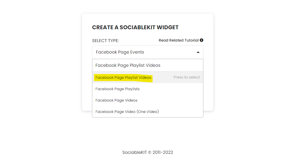 Select "Facebook Page Playlist Videos" on the dropdown - How To Embed Facebook Page Playlist Videos On Webflow Website For Free?