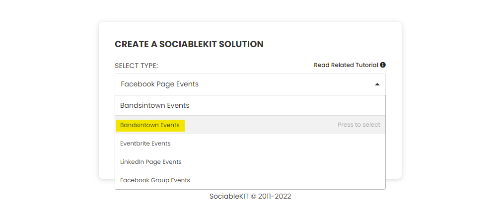 Select "Bandsintown Events" on the dropdown - How To Embed Bandsintown Events On Webflow Website For Free?
