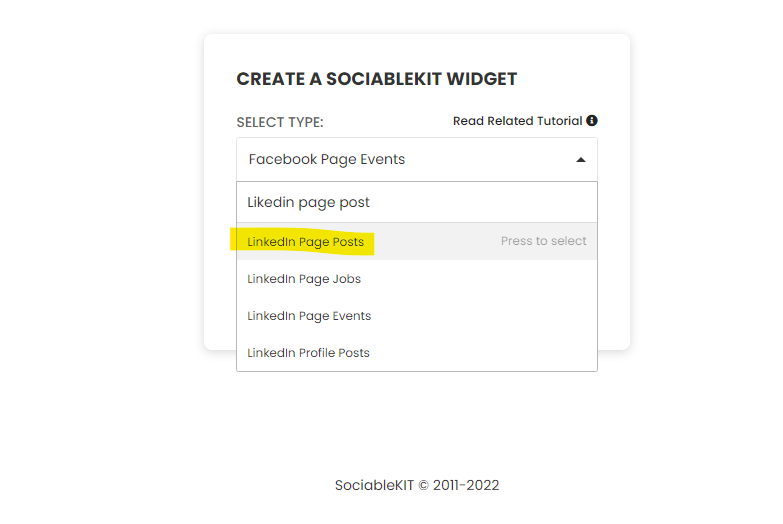 Select "LinkedIn Page Posts" on the dropdown - How To Embed LinkedIn Page Posts On Squarespace Website For Free?