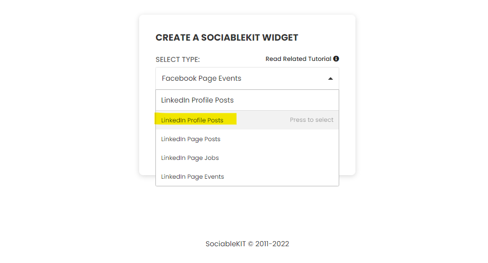 Select "LinkedIn Profile Posts" on the dropdown - How To Embed LinkedIn Profile Posts On Wix Website For Free?