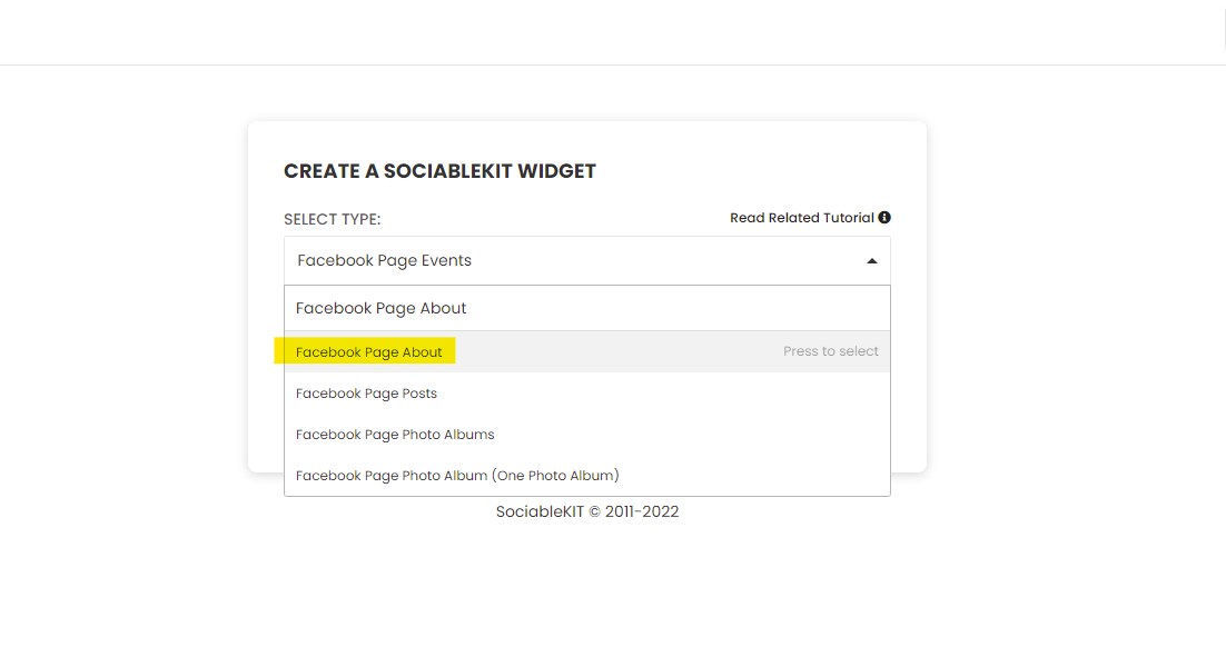 Select "Facebook Page About" on the dropdown - Free Facebook Page About Widget For Squarespace Website