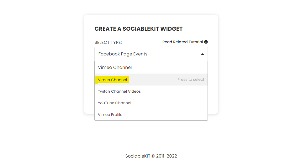 Select "Vimeo Channel" on the dropdown - Free Vimeo Channel Widget For WordPress Website