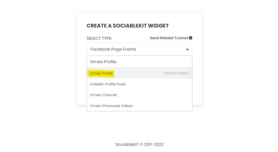 Select "Vimeo Profile" on the dropdown - How To Embed Vimeo Profile On Squarespace Website For Free?