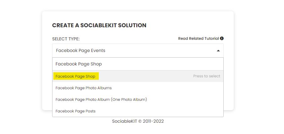 Select "Facebook Page Shop" on the dropdown - How To Embed Facebook Page Shop On Weebly Website For Free?