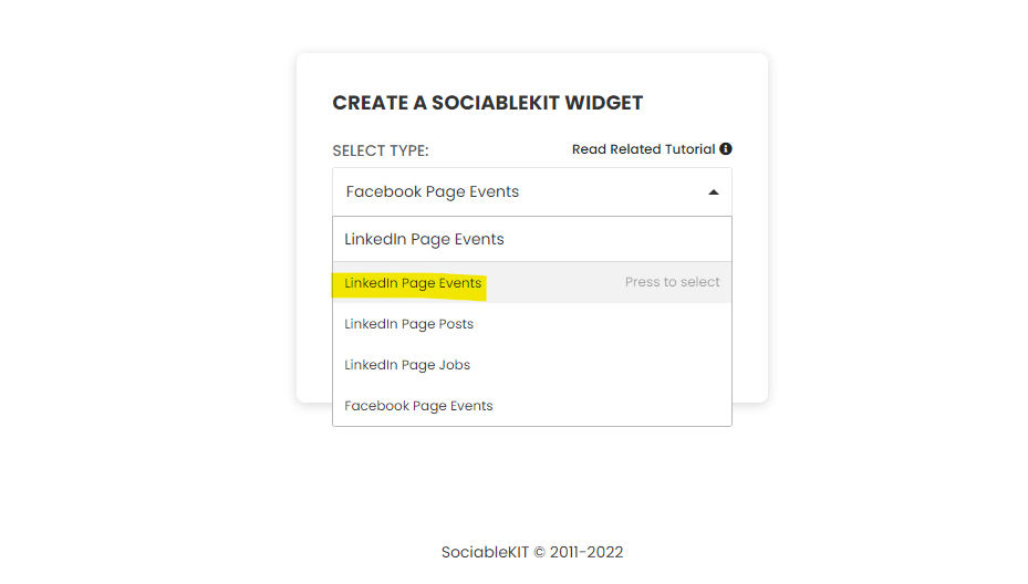 Select "LinkedIn Page Events" on the dropdown - Free LinkedIn Page Events Widget For WordPress Website