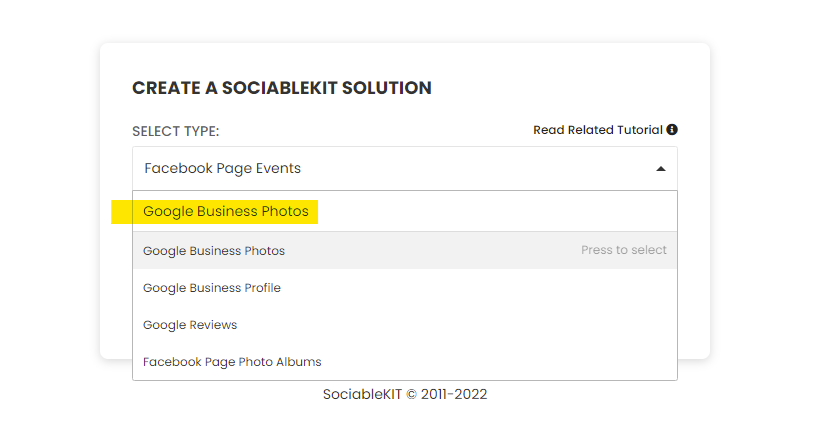 Select "Google Business Photos" on the dropdown - Free Google Business Photos Widget For Squarespace Website