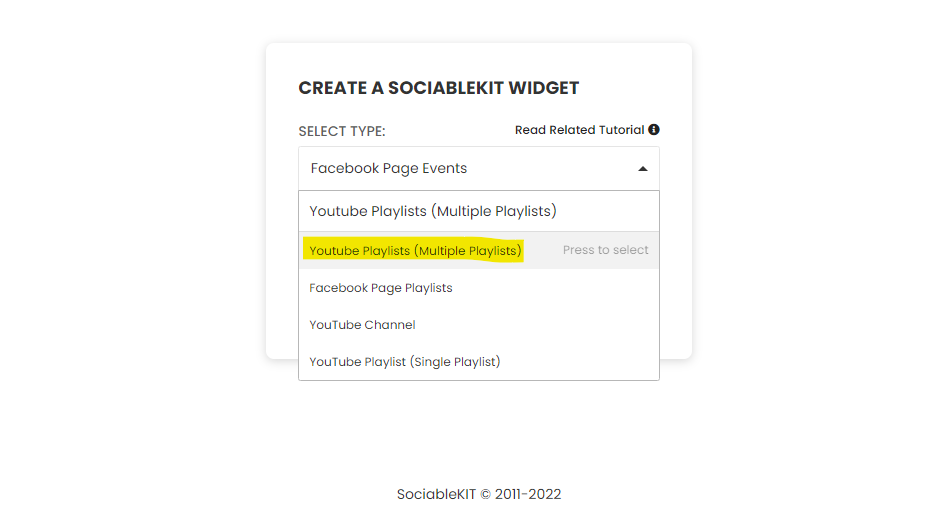Select "Youtube Playlists (Multiple Playlists)" on the dropdown - How To Embed Youtube Playlists (Multiple Playlists) On Weebly Website For Free?
