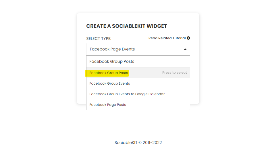 Select "Facebook Group Posts" on the dropdown - How To Embed Facebook Group Posts On Wordpress Website For Free?