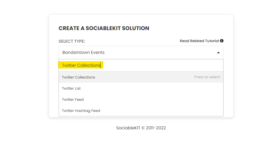 Select "Twitter Collections" on the dropdown - How To Embed Twitter Collections On Squarespace Website For Free?