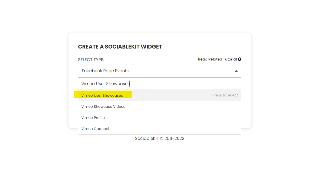 Select "Vimeo User Showcases" on the dropdown - How To Embed Vimeo User Showcases On Shopify Website For Free?
