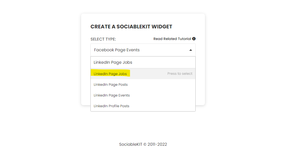 Select "LinkedIn Page Jobs" on the dropdown - Free LinkedIn Page Jobs Widget For Squarespace Website
