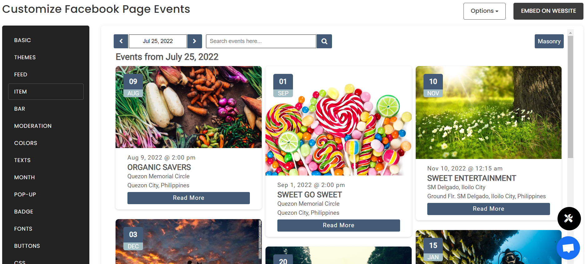 Customize your feed - Free Facebook Page Events Widget For Weebly Website