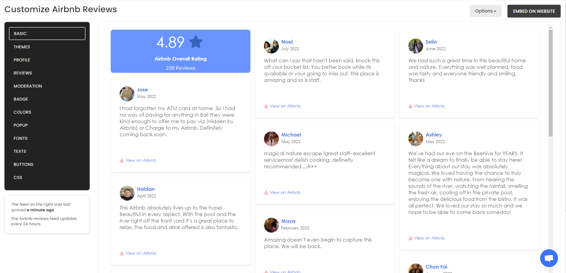 Customize your feed - Free Airbnb Reviews Widget For Squarespace Website
