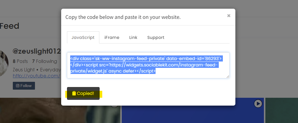 Copy the embed code. - Free Private Instagram Feed Widget For WordPress Website