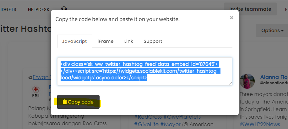 Copy the embed code. - Free Twitter Hashtag Feed Widget For Squarespace Website