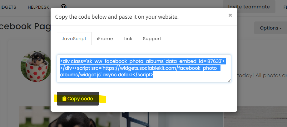 Copy the embed code. - Free Facebook Page Photo Albums Widget For Squarespace Website