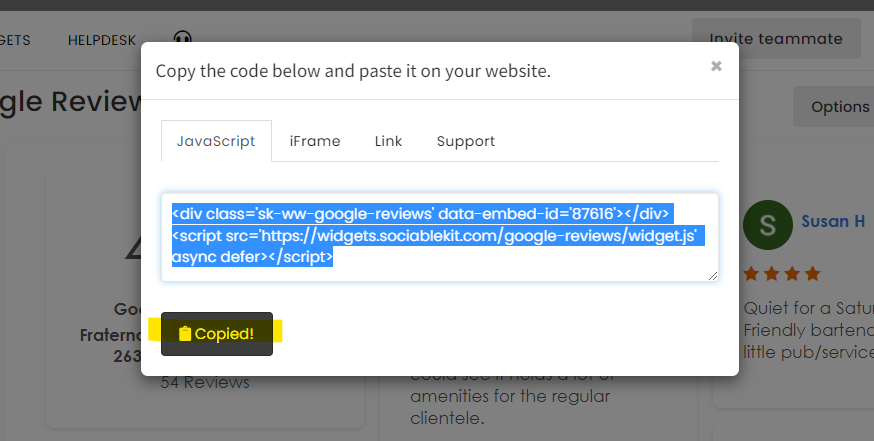 Copy the embed code. - Free Google Reviews Widget For Squarespace Website