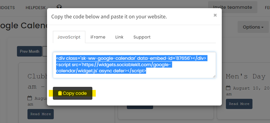 Copy the embed code. - Free Google Calendar Widget For WordPress Website