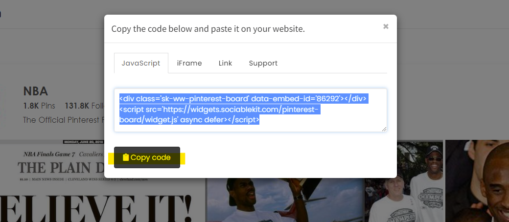Copy the embed code. - Free Pinterest Board Widget For WordPress Website