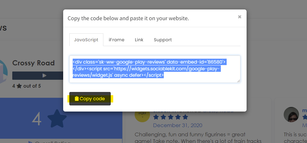Copy the embed code. - Free Google Play Reviews Widget For WordPress Website