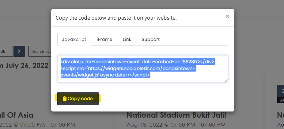 Copy the embed code. - Free Bandsintown Events Widget For WordPress Website