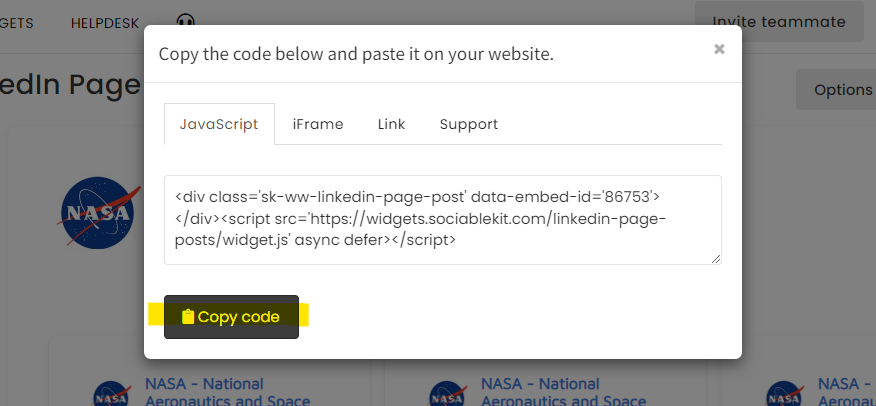 Copy the link. - Free LinkedIn Page Posts Widget For Wix Website