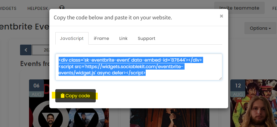 Copy the embed code. - Free Eventbrite Events Widget For Squarespace Website