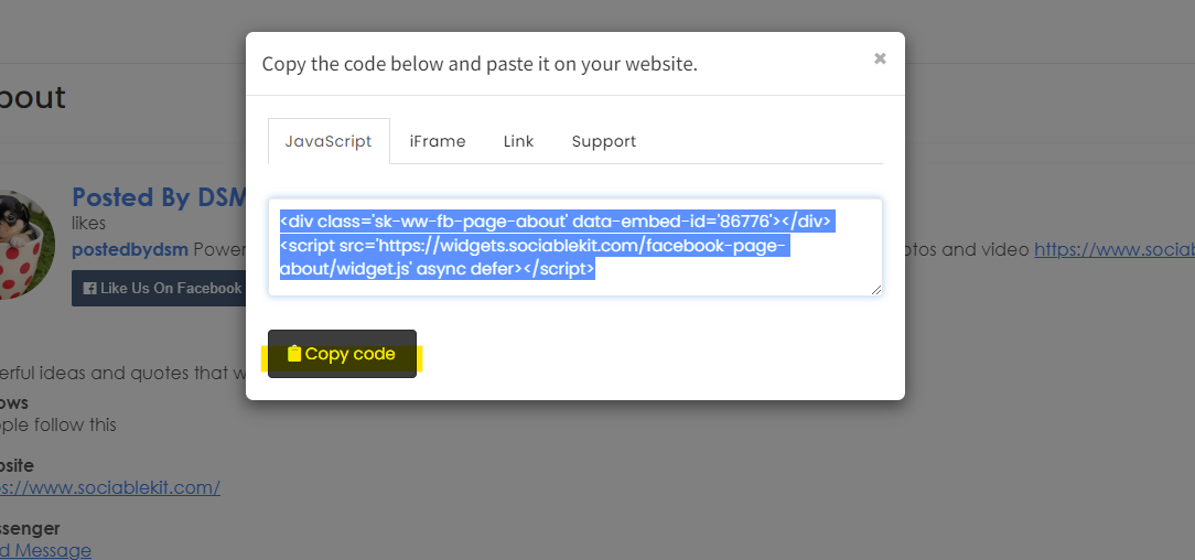 Copy the embed code. - Free Facebook Page About Widget For Weebly Website