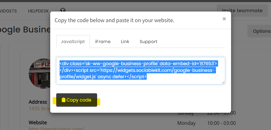 Copy the embed code. - Free Google Business Profile Widget For WordPress Website