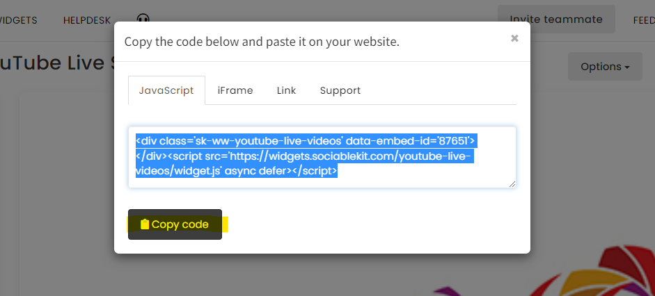 Copy the embed code. - Free YouTube Live Stream Widget For WordPress Website