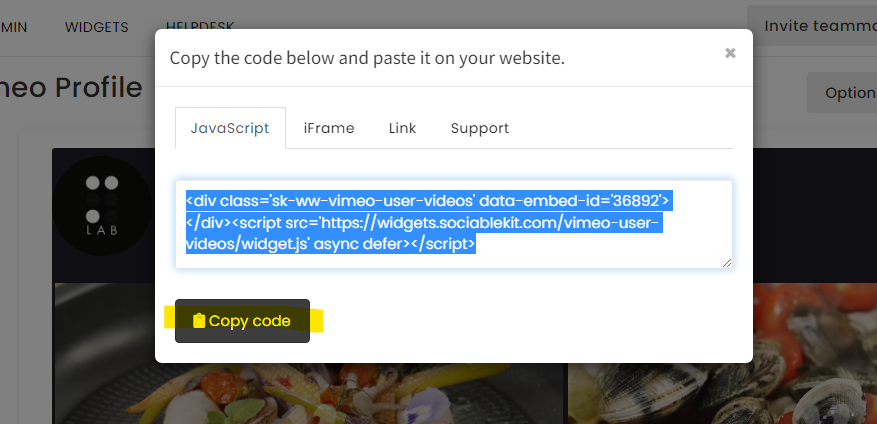Copy the embed code. - Free Vimeo Profile Widget For Shopify Website