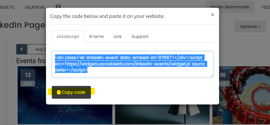 Copy the embed code. - How To Embed LinkedIn Page Events On Squarespace Website For Free?