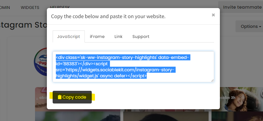 Copy the embed code. - Free Instagram Story Highlights Widget For Squarespace Website