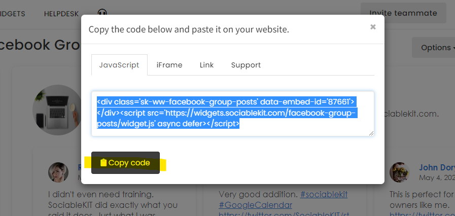Copy the embed code. - Free Facebook Group Posts Widget For WordPress Website