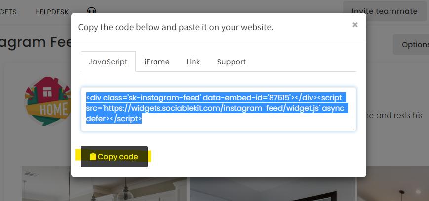 Copy the embed code. - Free Instagram Feed Widget For WordPress Website