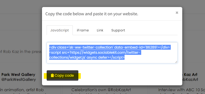 Copy the embed code. - Free Twitter Collections Widget For Shopify Website