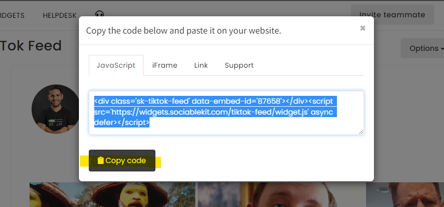Copy the embed code. - Free TikTok Feed Widget For WordPress Website