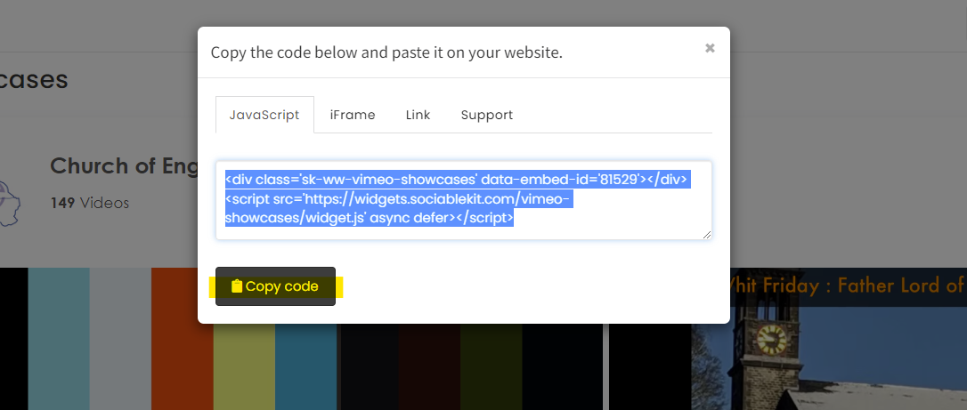 Copy the embed code. - Free Vimeo User Showcases Widget For WordPress Website