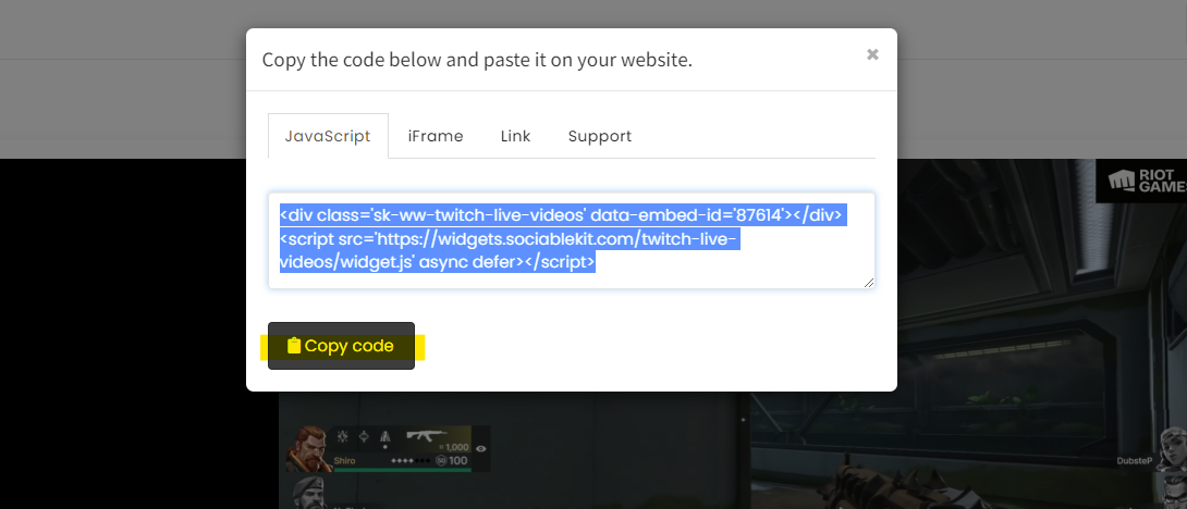 Copy the embed code. - Free Twitch Stream Widget For WordPress Website
