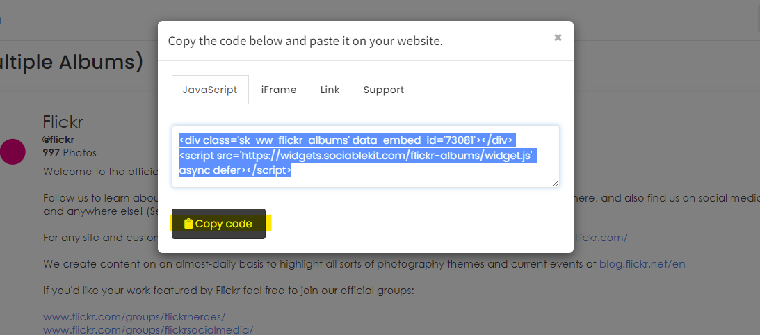 Copy the embed code. - How To Embed Flickr Albums (Multiple Albums) On Wordpress Website For Free?