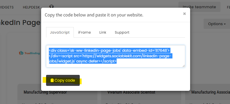 Copy the embed code. - Free LinkedIn Page Jobs Widget For WordPress Website