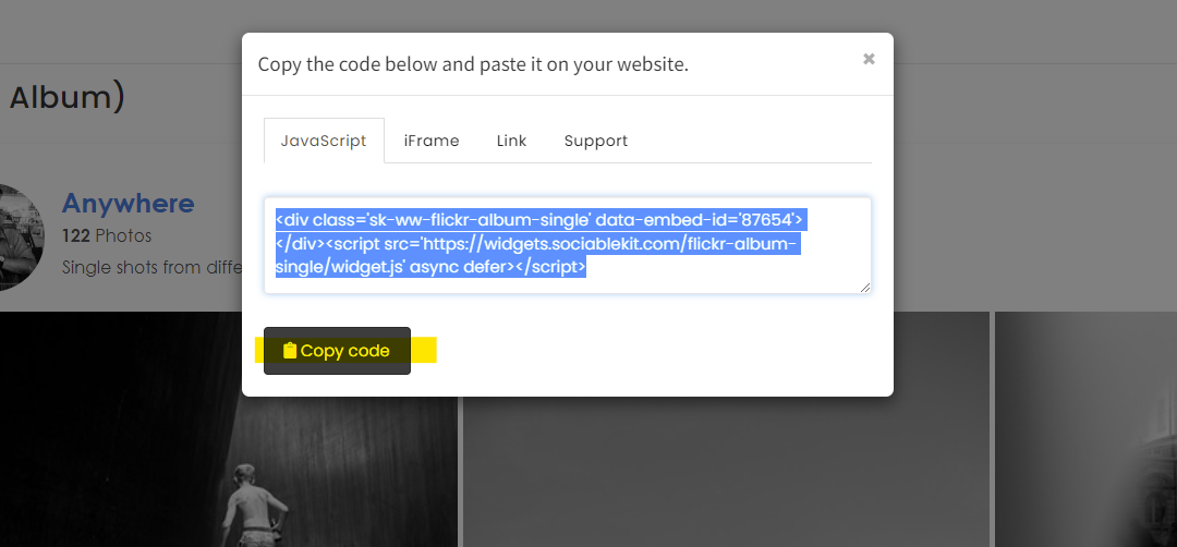 Copy the embed code. - How To Embed Flickr Album (One Album) On Squarespace Website For Free?
