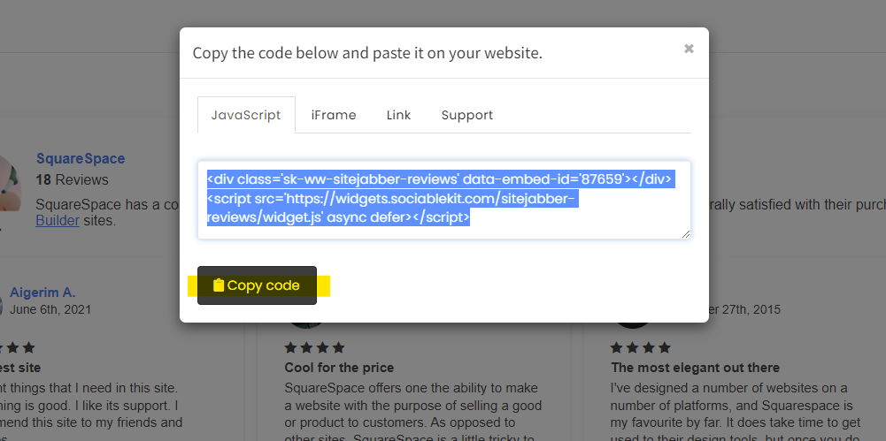 Copy the embed code. - Free Sitejabber Reviews Widget For Squarespace Website