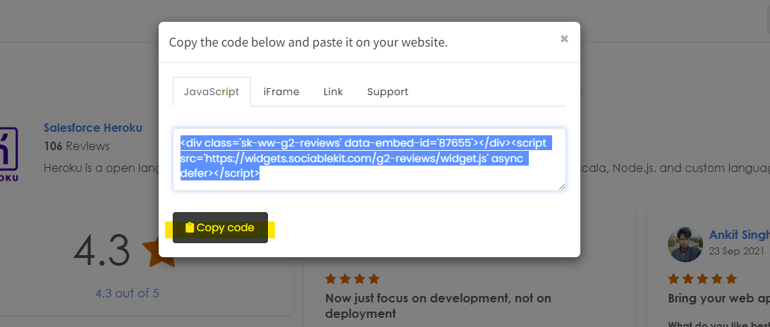 Copy the embed code. - Free G2 Reviews Widget For Squarespace Website