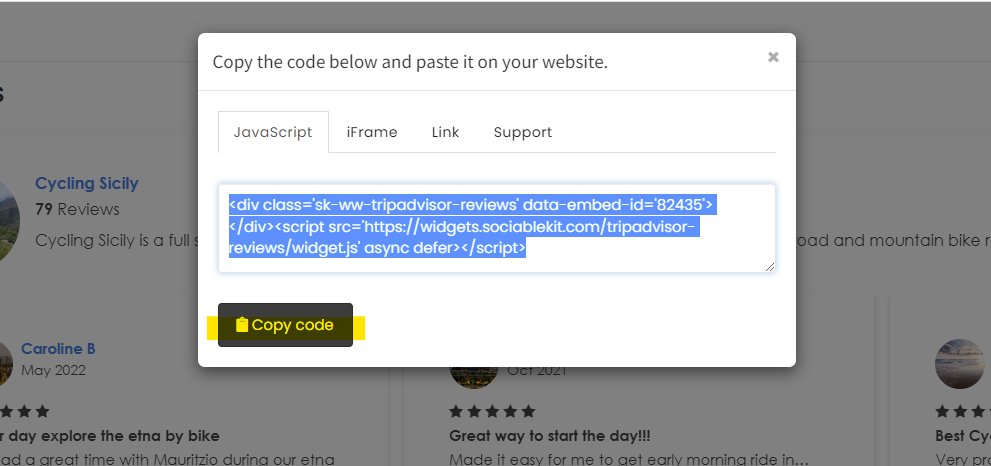 Copy the embed code. - Free Tripadvisor Reviews Widget For Shopify Website